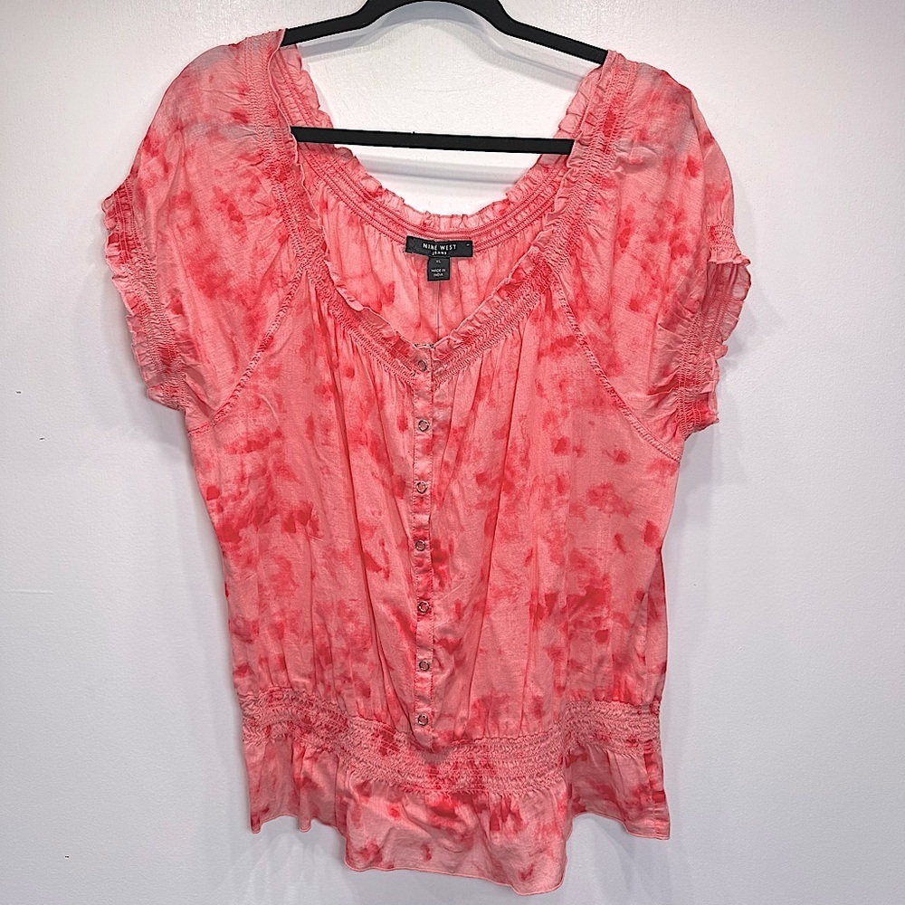 Magenta Hot Pink Tie Dye Prairie Blouse Nine West Cotton Barbiecore Feminine XL